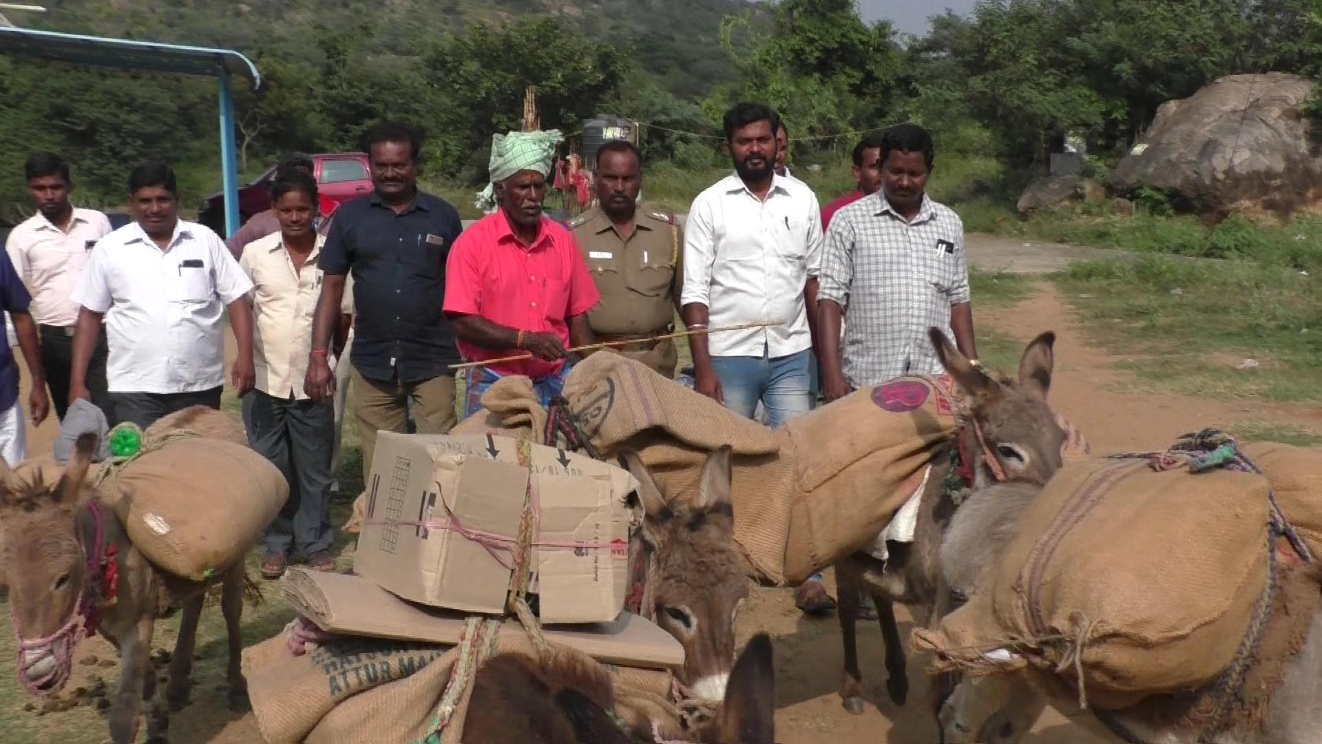 Sending evm ballot boxes by donkeys to Dharmapuri hill village