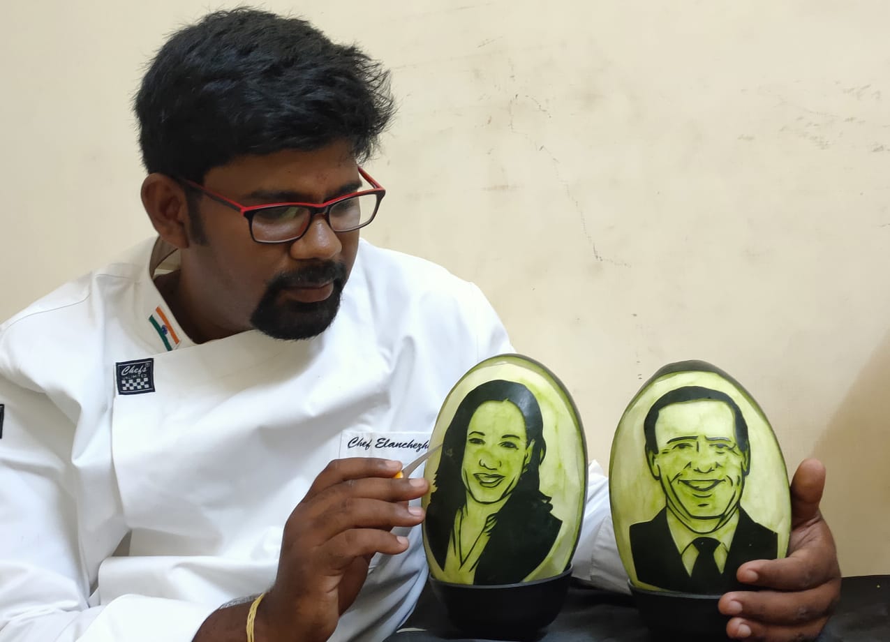 Joe Biden, Kamala Harris Pictures draw in watermelon fruit! Theni district news Theni latest news Joe Biden Kamala Harris தர்பூசணி பழத்தில் ஜோ பைடன், கமலா ஹாரிஸ் உருவம் ஜோ பைடன் கமலா ஹாரிஸ்