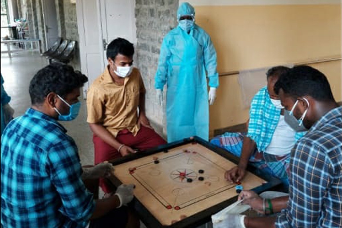 Library and sports equipment at Chettupattu Private Corona Treatment Center, Thiruvannamalai District