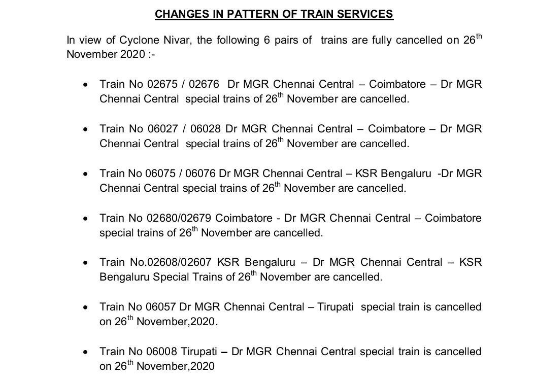 Cyclone Nivar train and plane cancelled  Cyclone Nivar news  നിവാര്‍ ചുഴലിക്കാറ്റ്  വിമാന സര്‍വീസുകള്‍ റദ്ദാക്കി  ട്രെയിൻ സര്‍വീസുകള്‍ റദ്ദാക്കി