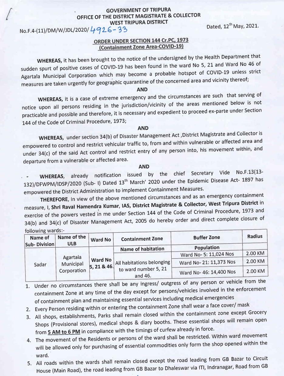 3 wards of Agartala City declared as Containment zones