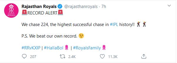 rajasthan royals  managed to pull off the highest successful chase in ipl history