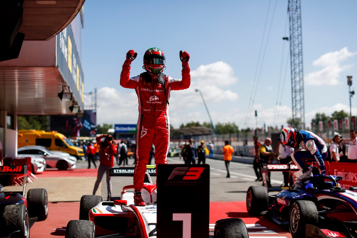 Jehan Daruvala celebrates after winning the F3 in Barcelona.