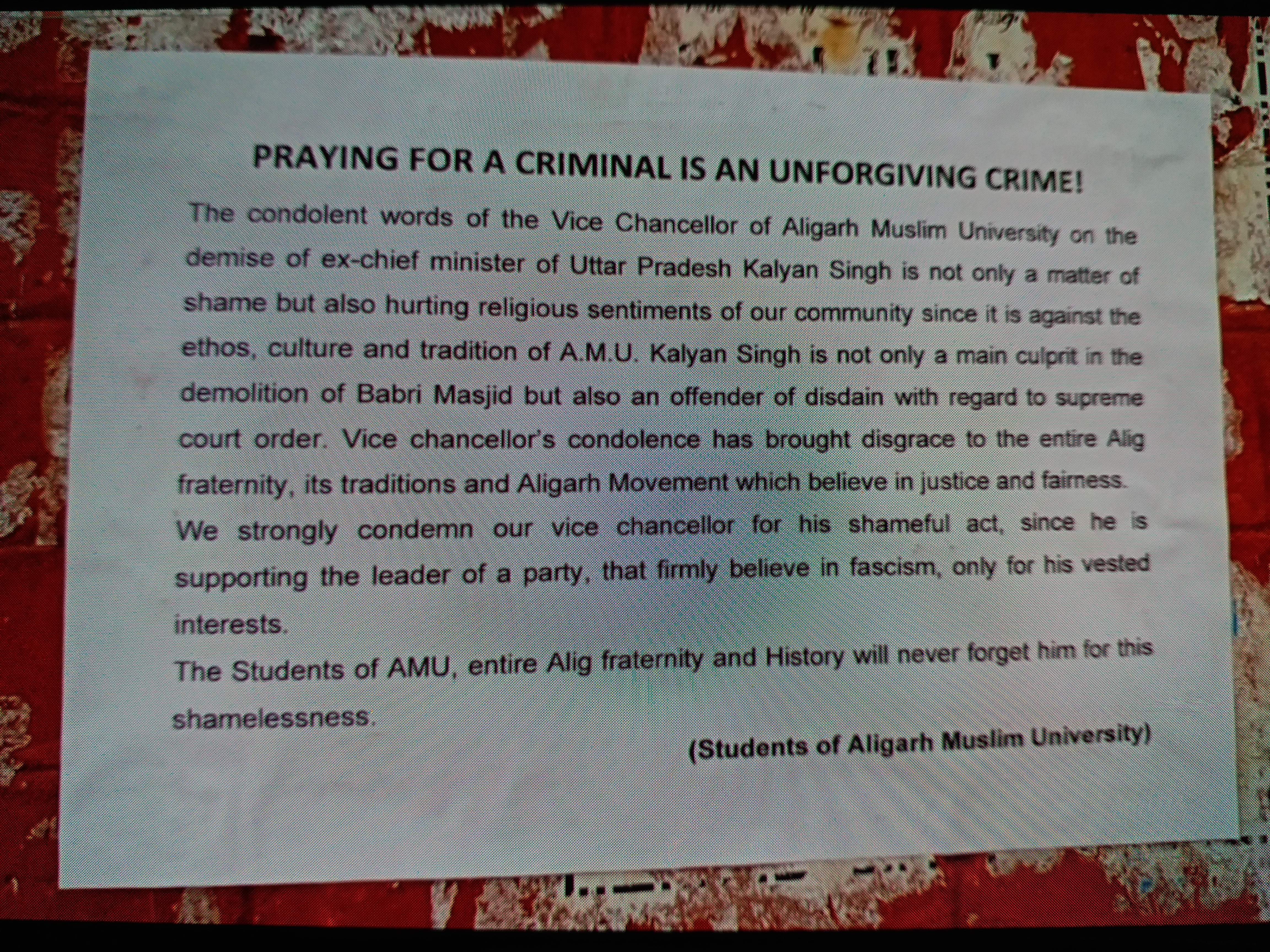 amu proctor acknowledged that some students had put up posters against the condolence message