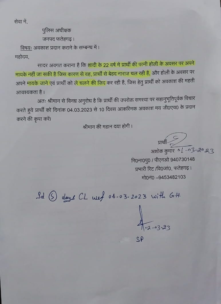 farrukhabad inspector leave letter goes viral in uttarapradesh