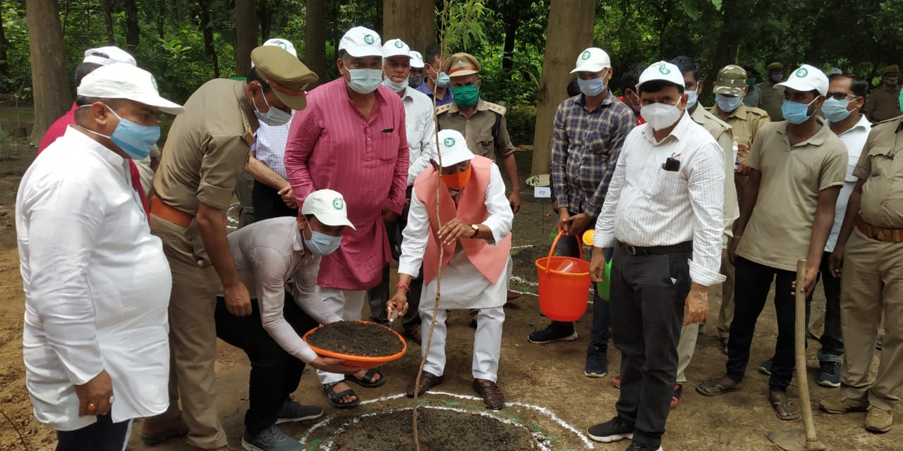 गोरखपुर में वृक्षारोपण करते प्रभारी मंत्री रमापति शास्‍त्री.