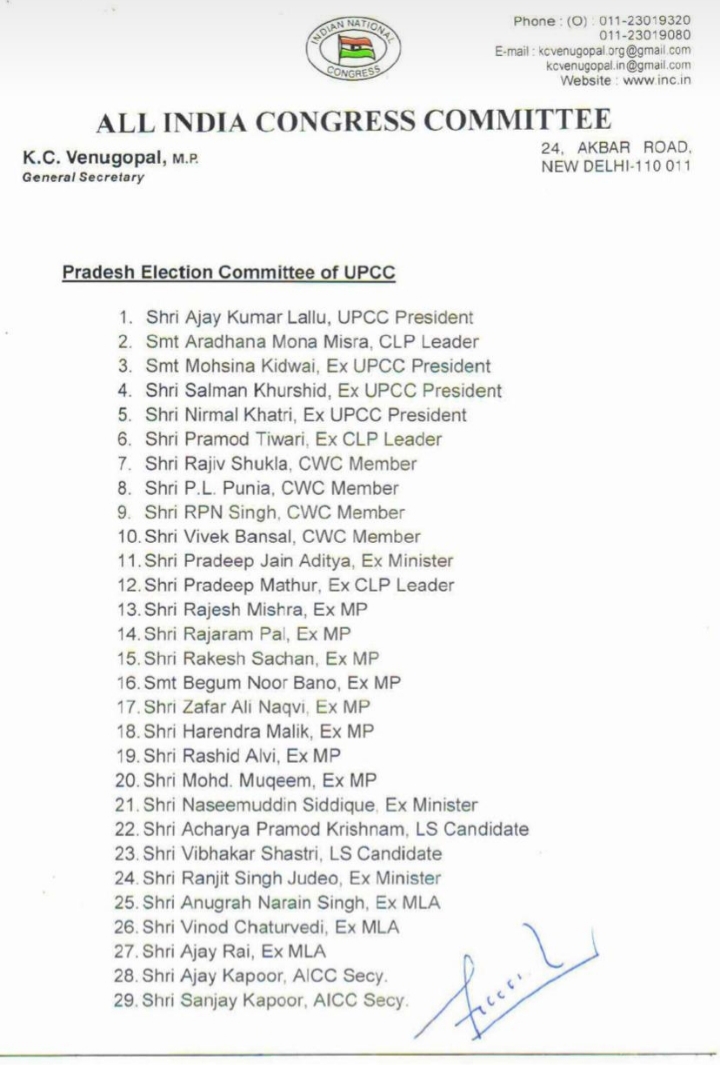 कांग्रेस ने 38 सदस्यीय उत्तर प्रदेश कांग्रेस चुनाव कमेटी की घोषणा की