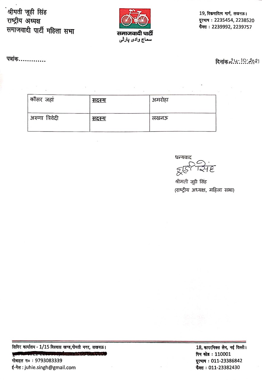 सपा महिला सभा की राष्ट्रीय कार्यकारिणी घोषित