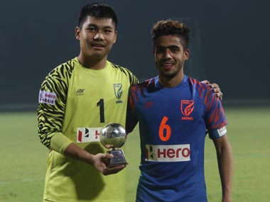 Goalkeeper Lalbiakhlua Jongte with Vikram Pratap Singh