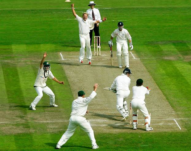 Shane Warne and his teammates celebrate as he dismissed Marcus Trescothick to claim his 600th Test wicket.