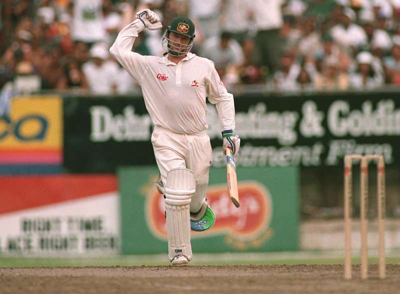 Steve Waugh celebrates after completing his double ton.