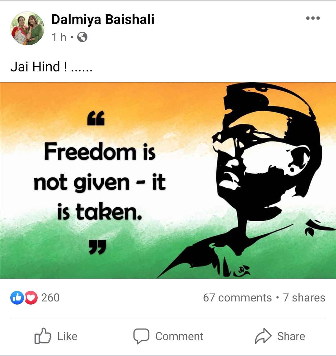 baishali dalmiya's facebook post on netaji's birthday