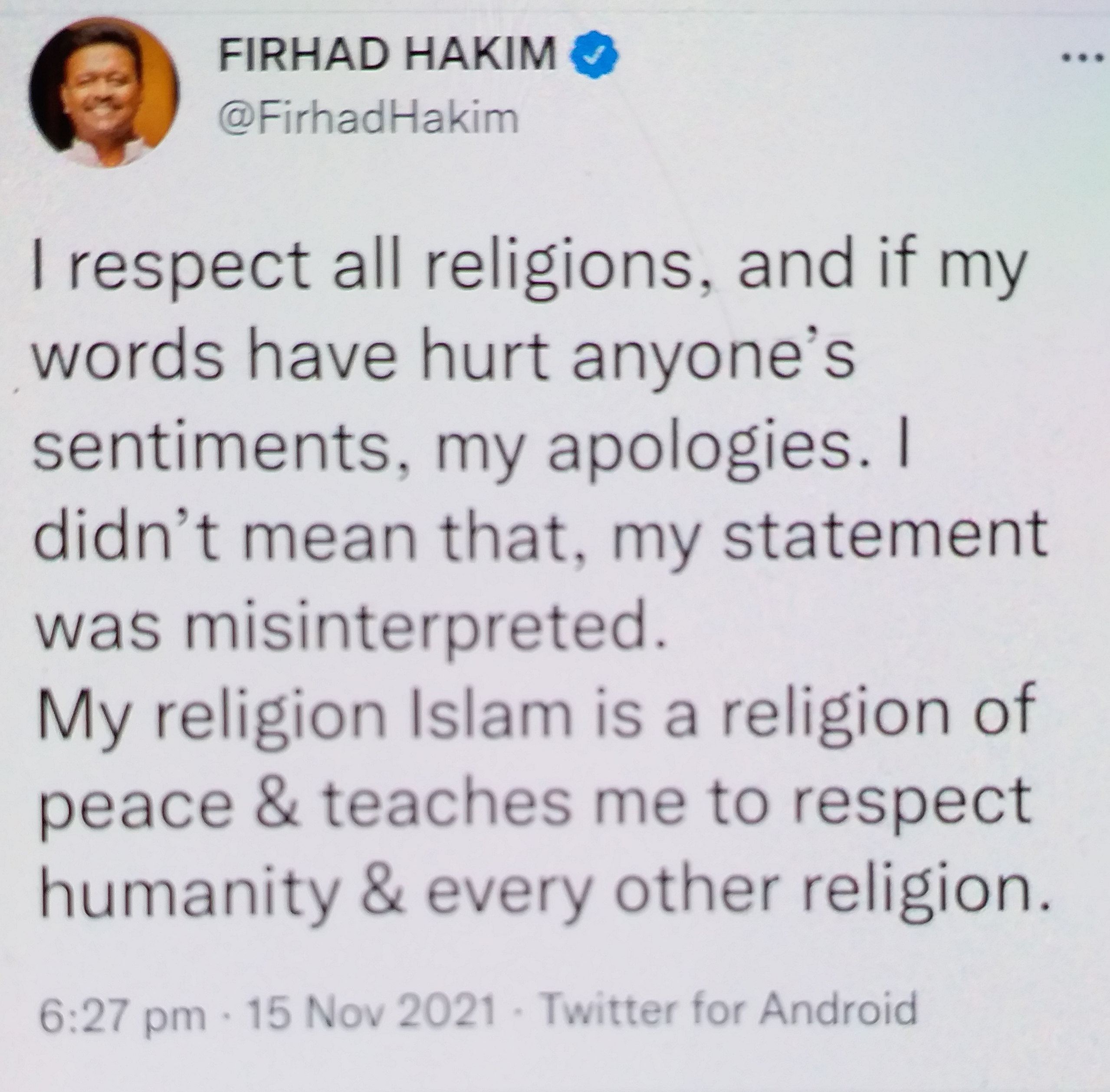 firhad hakim apologised for his controversial statement about islam