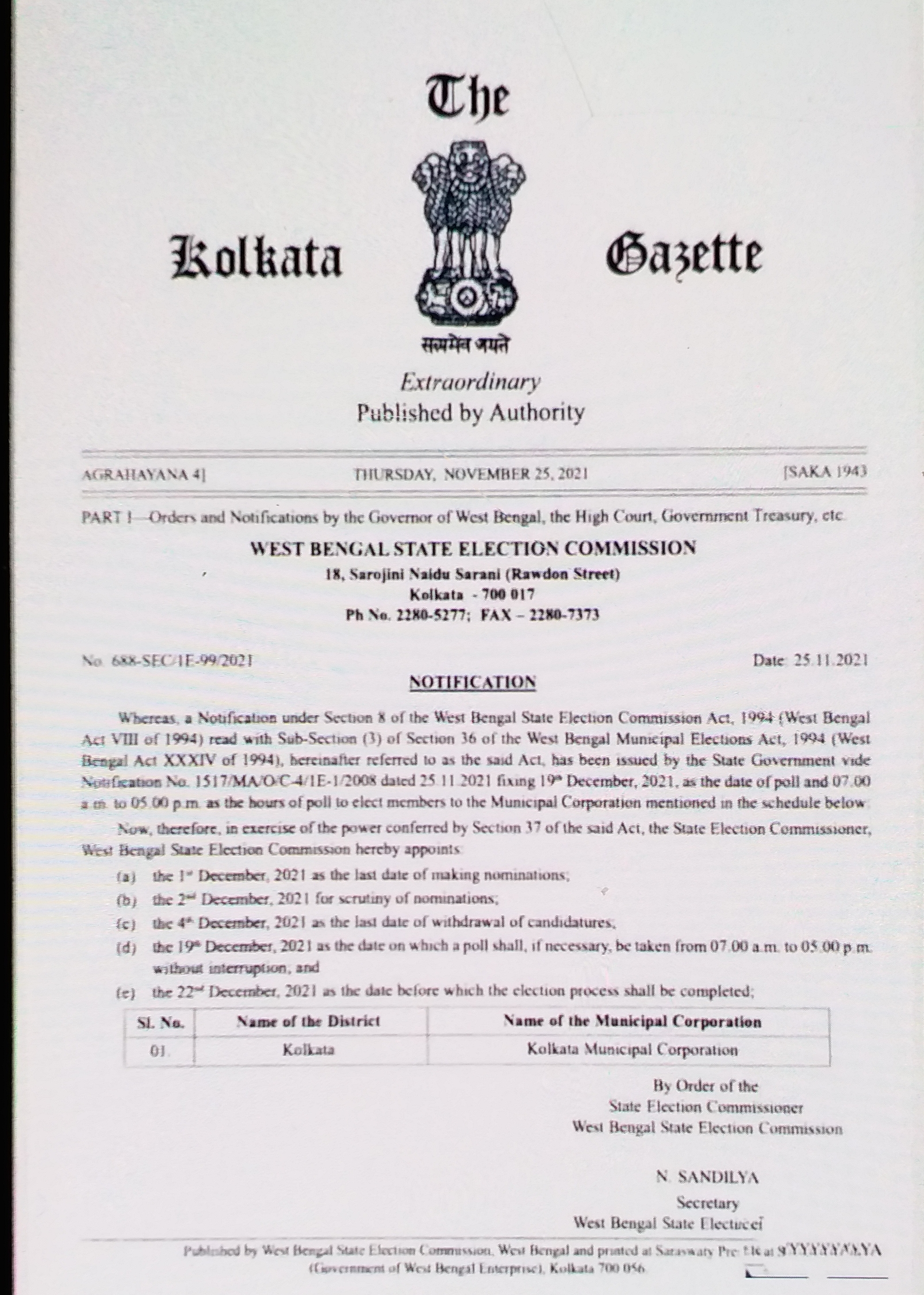 kolkata corporation election on 19 december