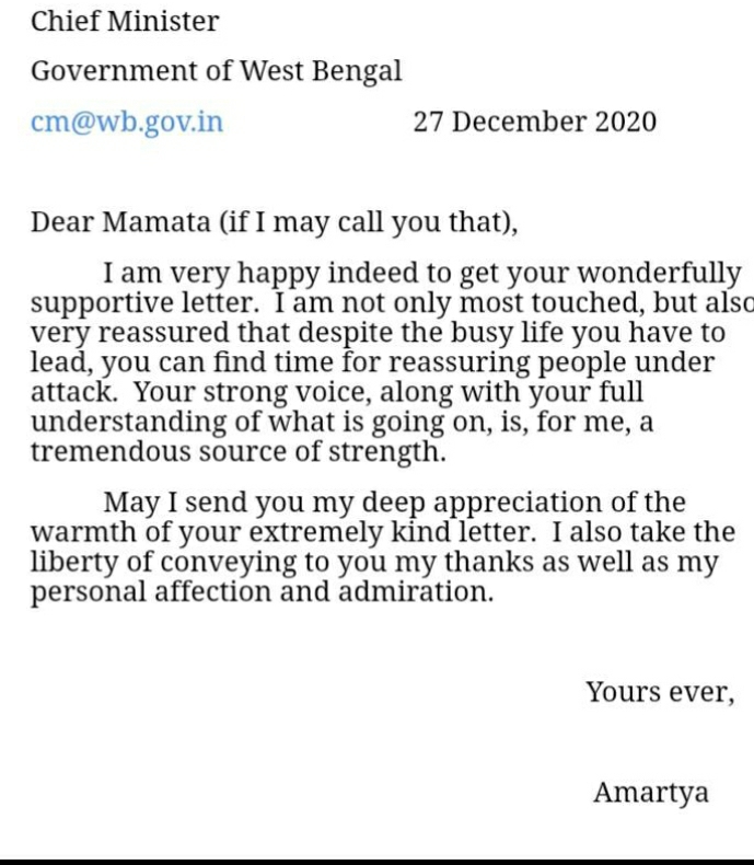 Amartya thanks Mamata 'for reassuring people under attack'