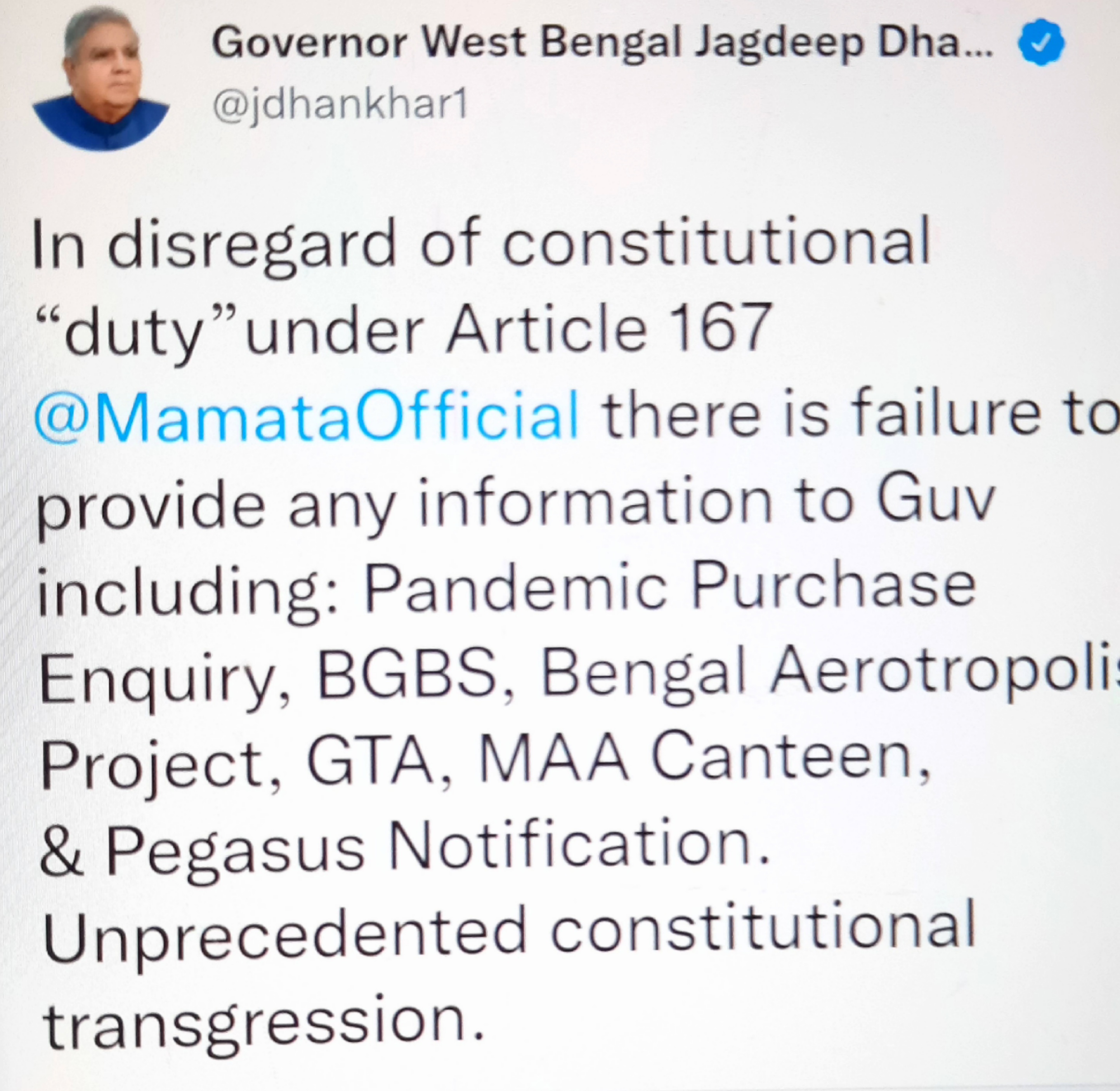 Governor Jagdeep Dhankar Criticizes Mamata Banerjee