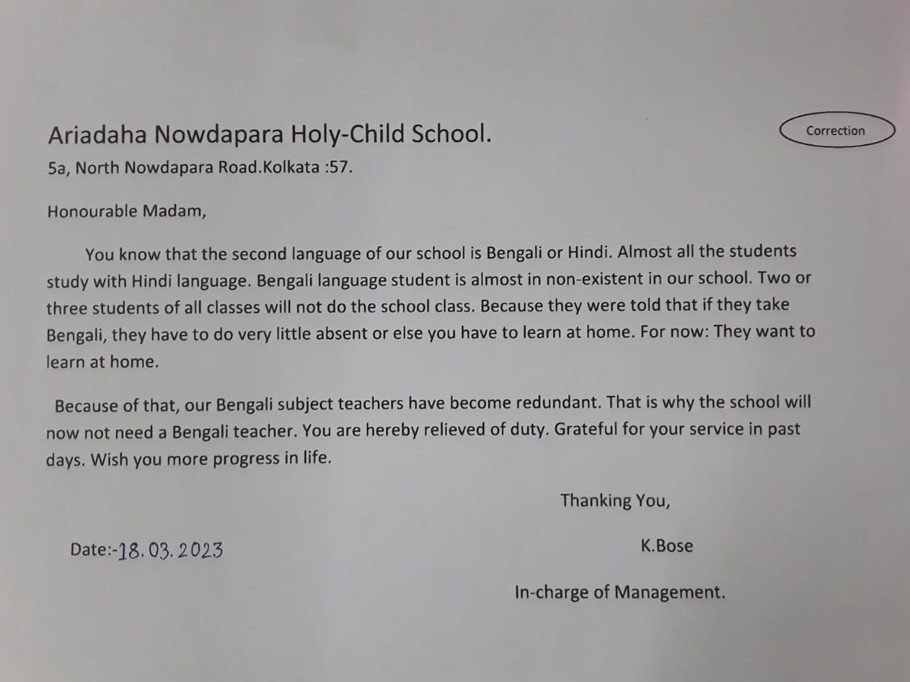 Bengali Teacher Removal Notice