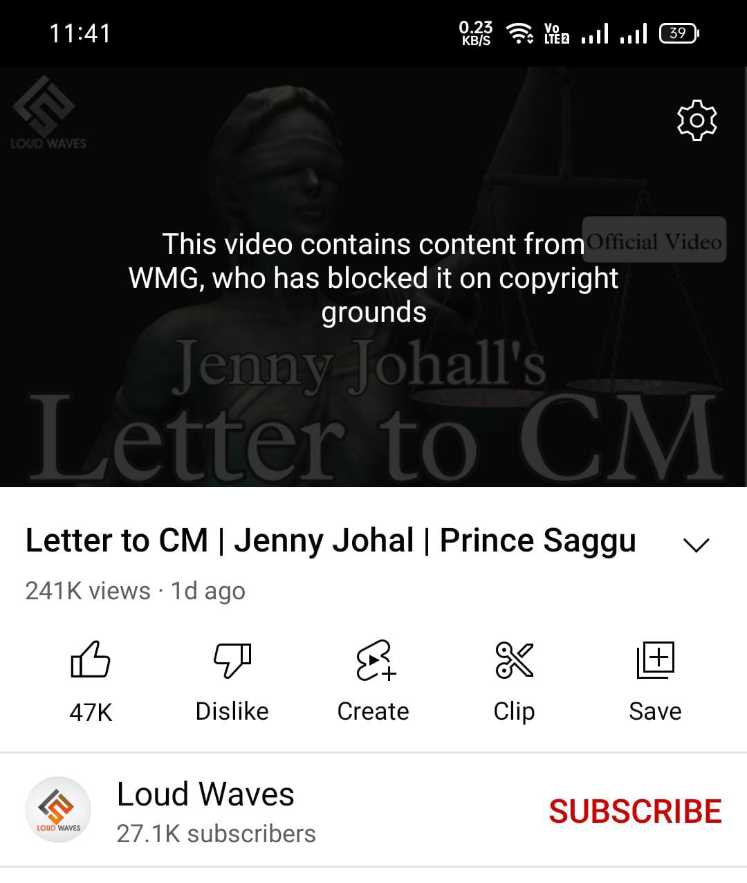 ਜੈਨੀ ਜੋਹਲ ਦਾ ਗੀਤ Letter to CM ਯੂਟਿਊਬ ਤੋਂ ਬਲਾਕ