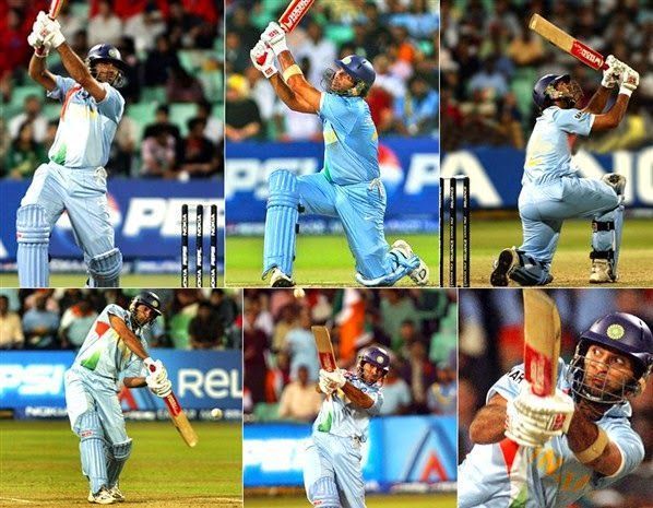 Collage of Yuvraj Singh's six sixes in 2007 World T20