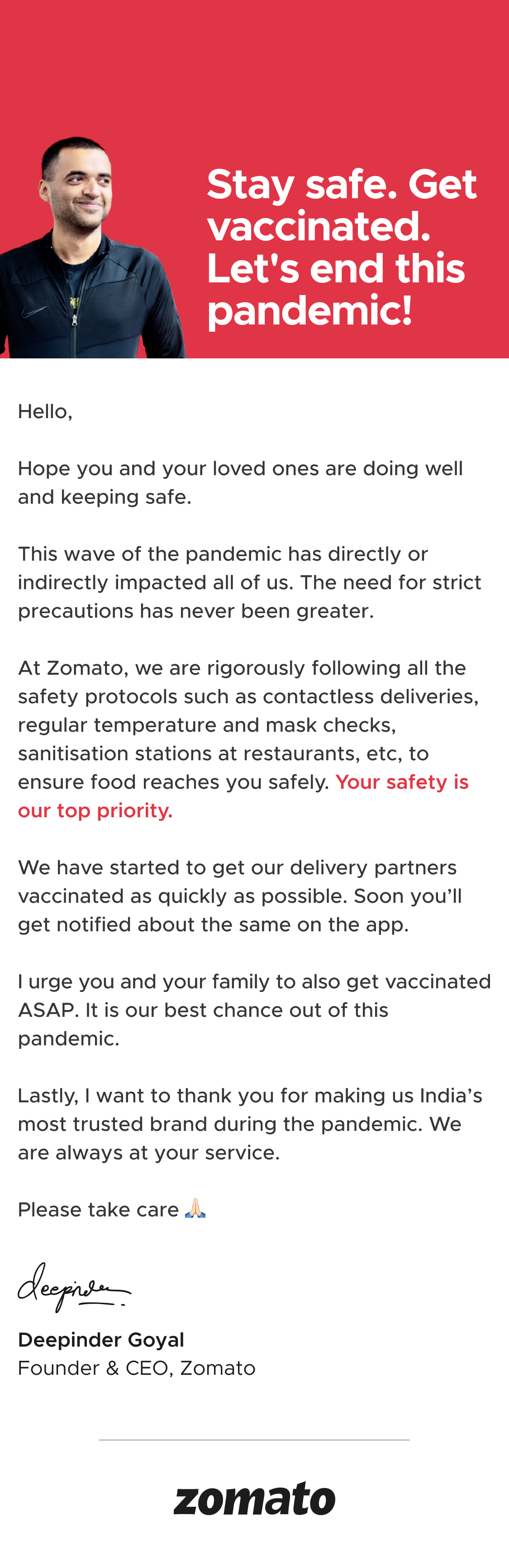 சொமாட்டோ அறிக்கை, zomato valet vaccination